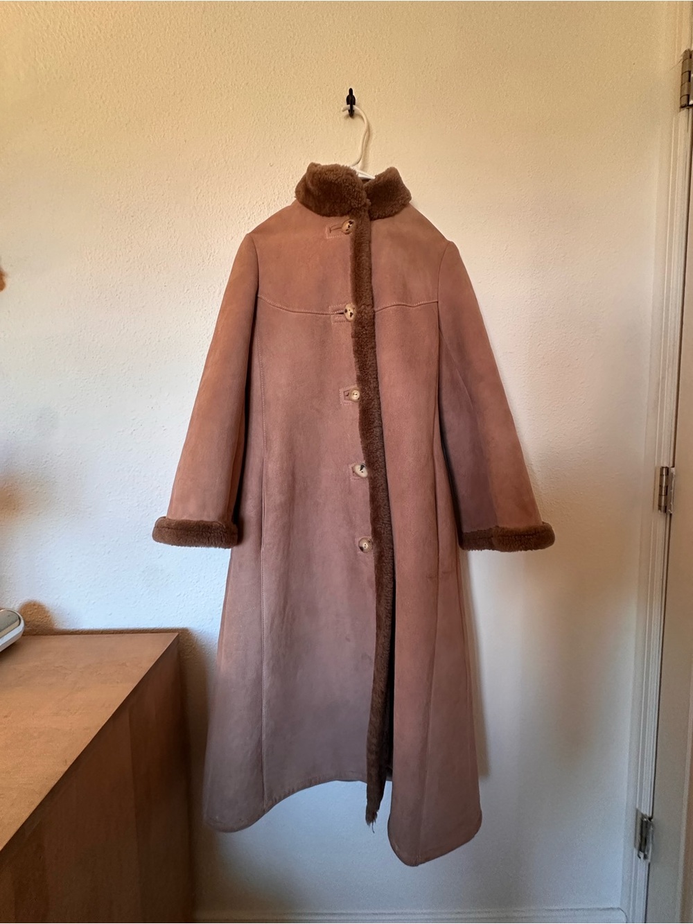 Long Tan Shearling Trench Coat with Brown Trim